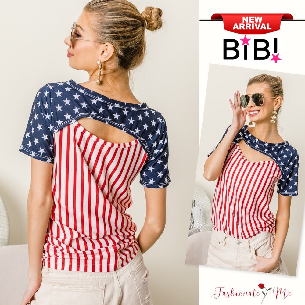 BiBi American Flag Theme Front Cut Out Short Sleeves Round Neck Top | Red Stripe